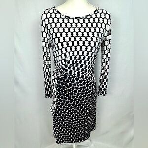 Talbots Faux Wrap Sheath Dress Belted Long Sleeves Stretch Black White Size 4